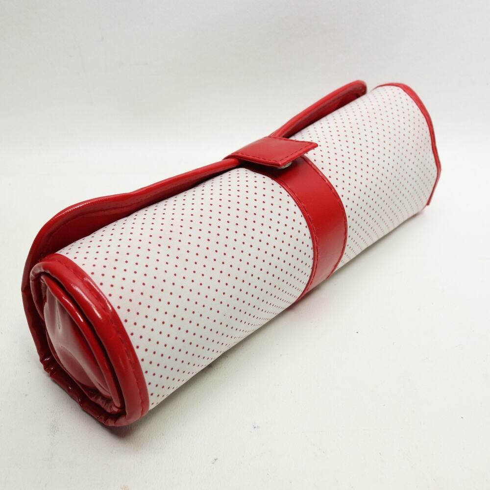 Makeup Jewelry Rollup Case Bag Red White Micro Polka Dot Faux Patent Zip Pouch